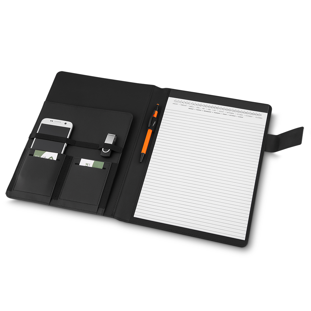 Pasta Executiva com bloco de anotações, suporte para celular e porta-cartões em material sintético elegante.