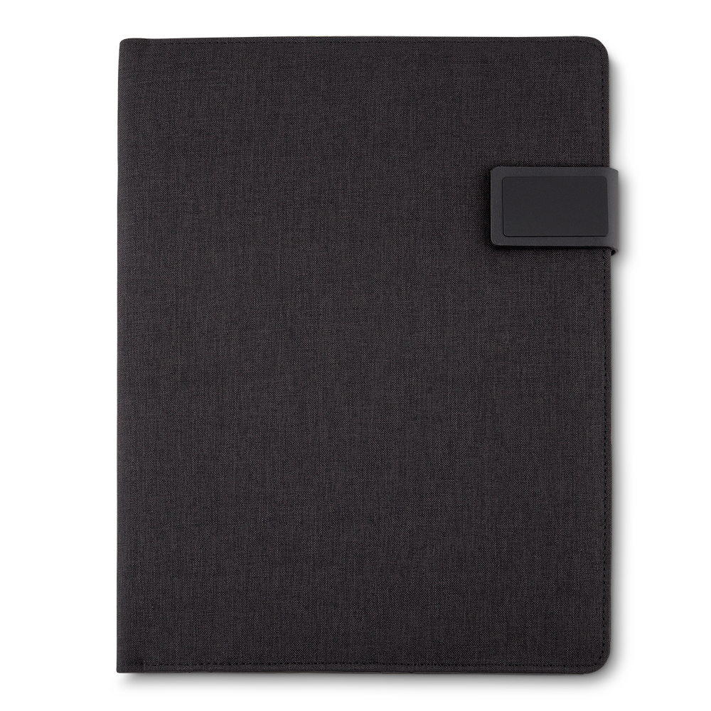 Pasta Executiva com bloco de anotações, suporte para celular e porta-cartões em material sintético elegante.