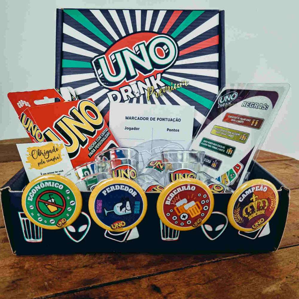 O UNO Drink é o jogo que vai transformar sua festa! Com cartas oficiais, copos de vidro e regras ousadas, a diversão está garantida. Entrega com frete grátis. Vem viver esse rolê!