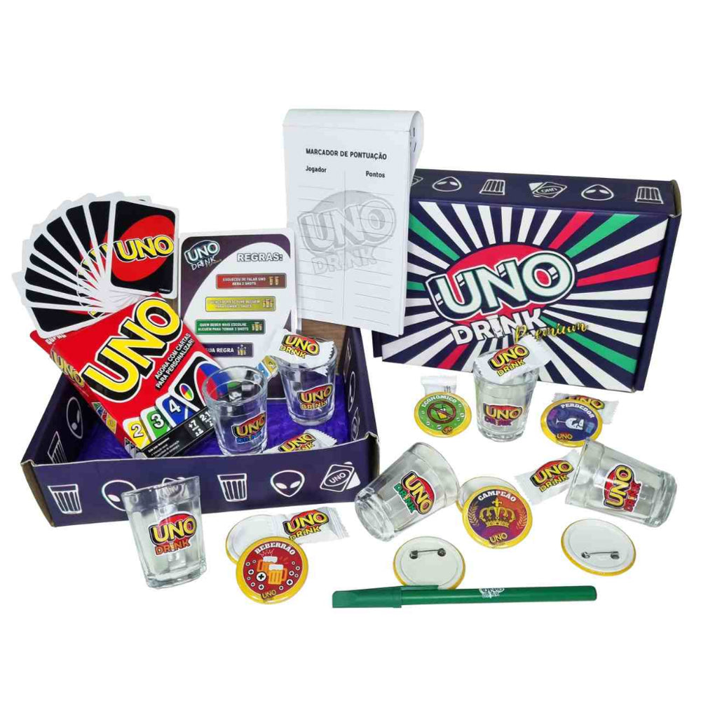O UNO Drink é o jogo que vai transformar sua festa! Com cartas oficiais, copos de vidro e regras ousadas, a diversão está garantida. Entrega com frete grátis. Vem viver esse rolê!