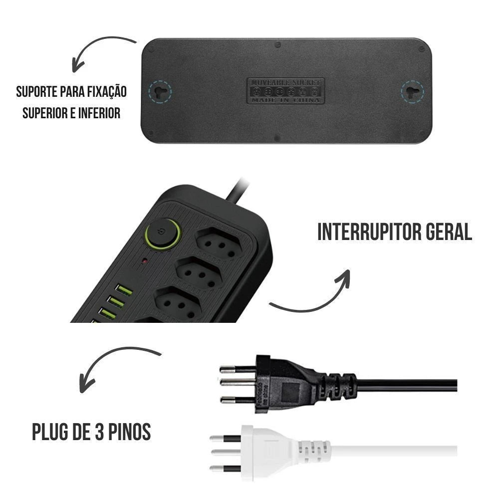 Extensão com 5 tomadas 4 USB 1 Type-C Universal Bivolt Power 110V/220V 2m - Mandatory