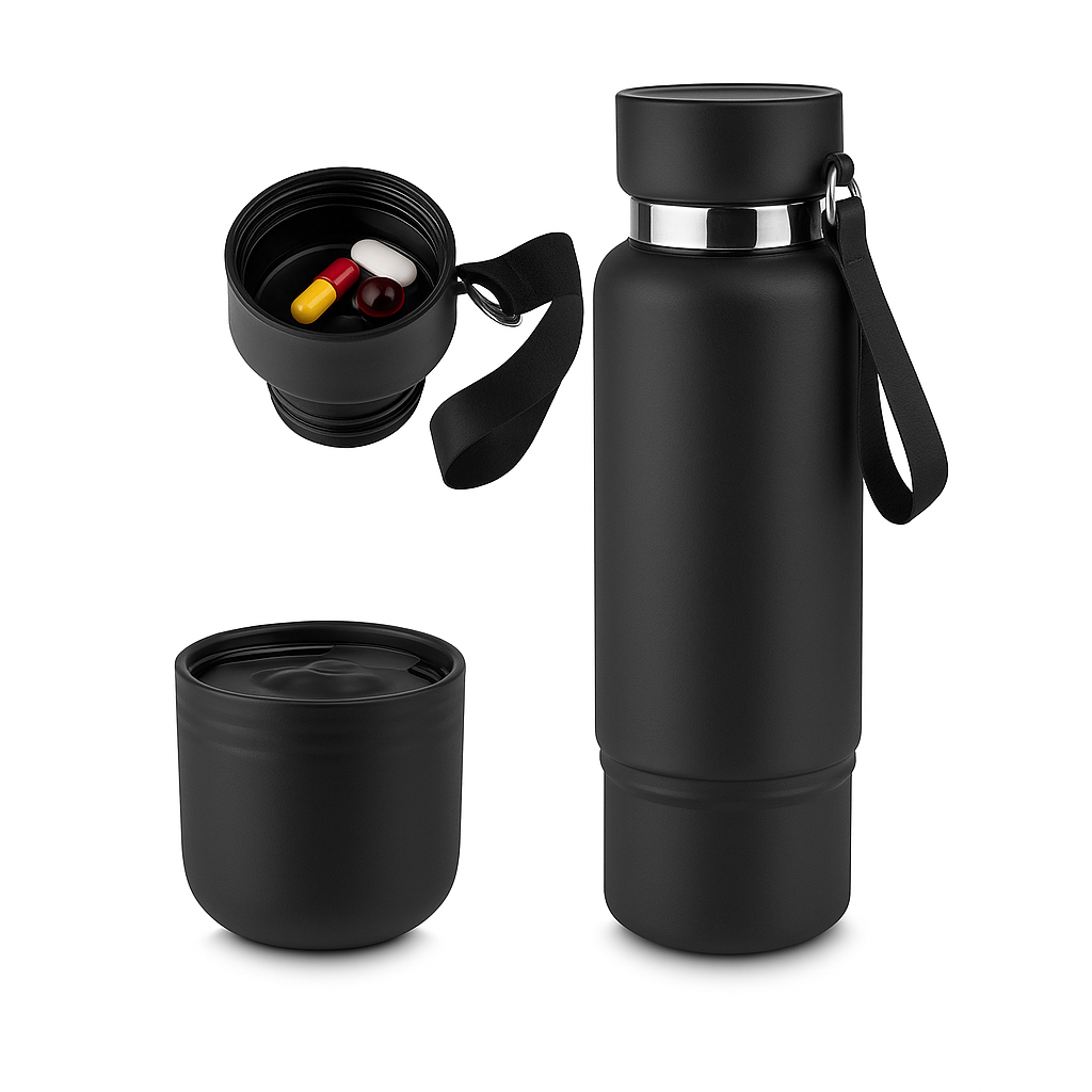 Garrafa térmica esportiva com alça e vedação a vácuo, perfeita para trilhas, atividades ao ar livre e aventuras com hidratação garantida.
