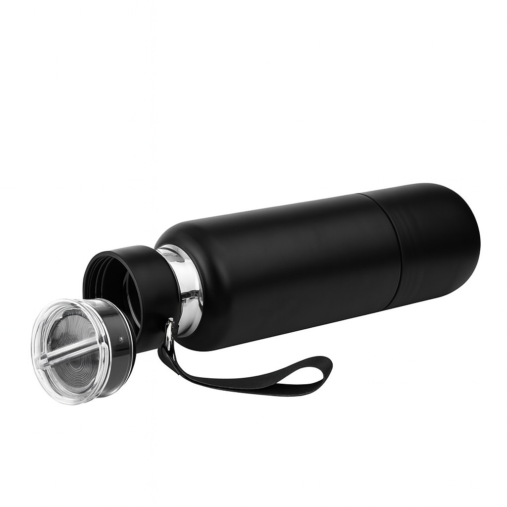 Garrafa térmica esportiva com alça e vedação a vácuo, perfeita para trilhas, atividades ao ar livre e aventuras com hidratação garantida.