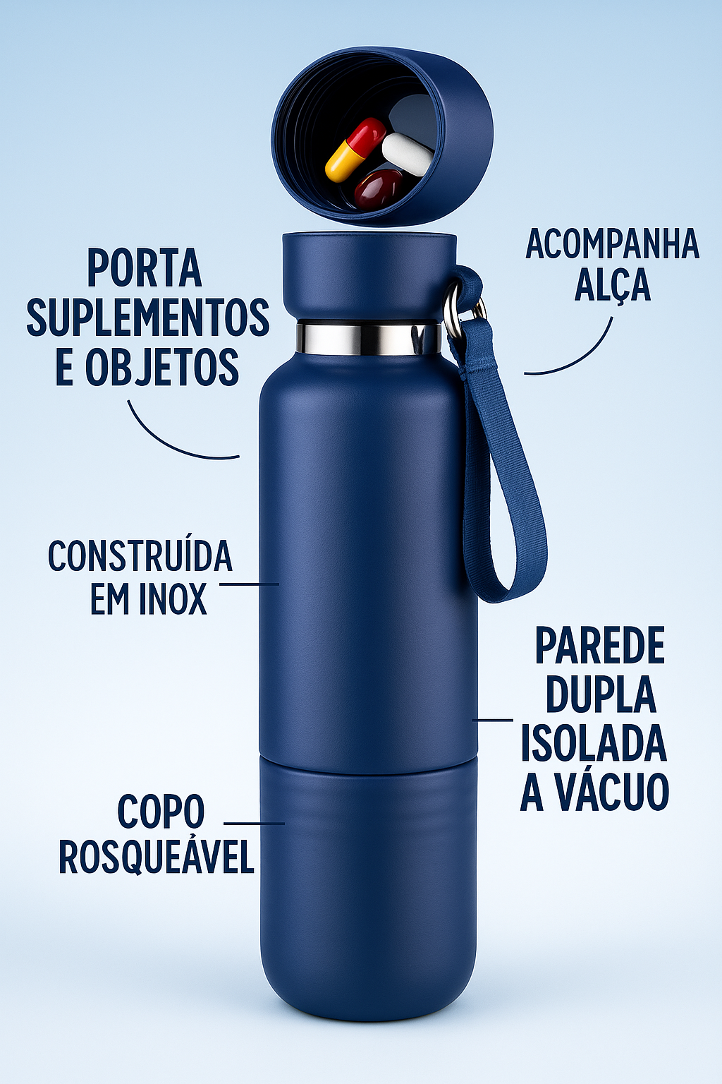 Garrafa térmica esportiva com alça e vedação a vácuo, perfeita para trilhas, atividades ao ar livre e aventuras com hidratação garantida.
