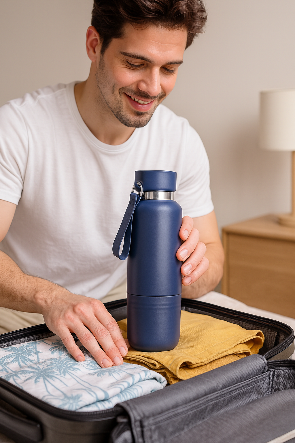 Garrafa térmica esportiva com alça e vedação a vácuo, perfeita para trilhas, atividades ao ar livre e aventuras com hidratação garantida.