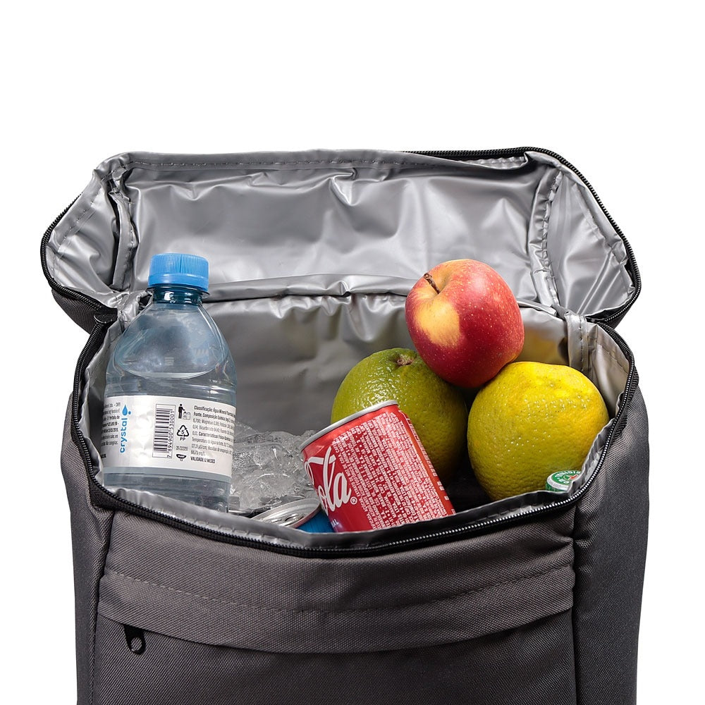 Mochila Térmica Easy Trip 16 L em poliéster, com zíper, alça de mão e alça de ombro ajustável; revestimento interno para conservar temperatura por até 4 h.