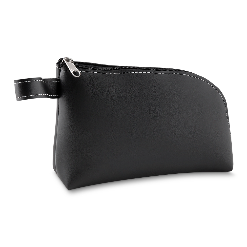 Necessaire preta em couro sintético com pegador lateral, compacta e elegante para viagens e uso diário.