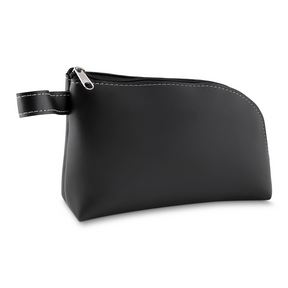 Necessaire preta em couro sintético com pegador lateral, compacta e elegante para viagens e uso diário.