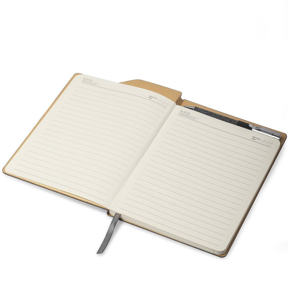 Caderno de anotações com sticky notes, capa sintética e 80 folhas pautadas bege (não acompanha caneta)