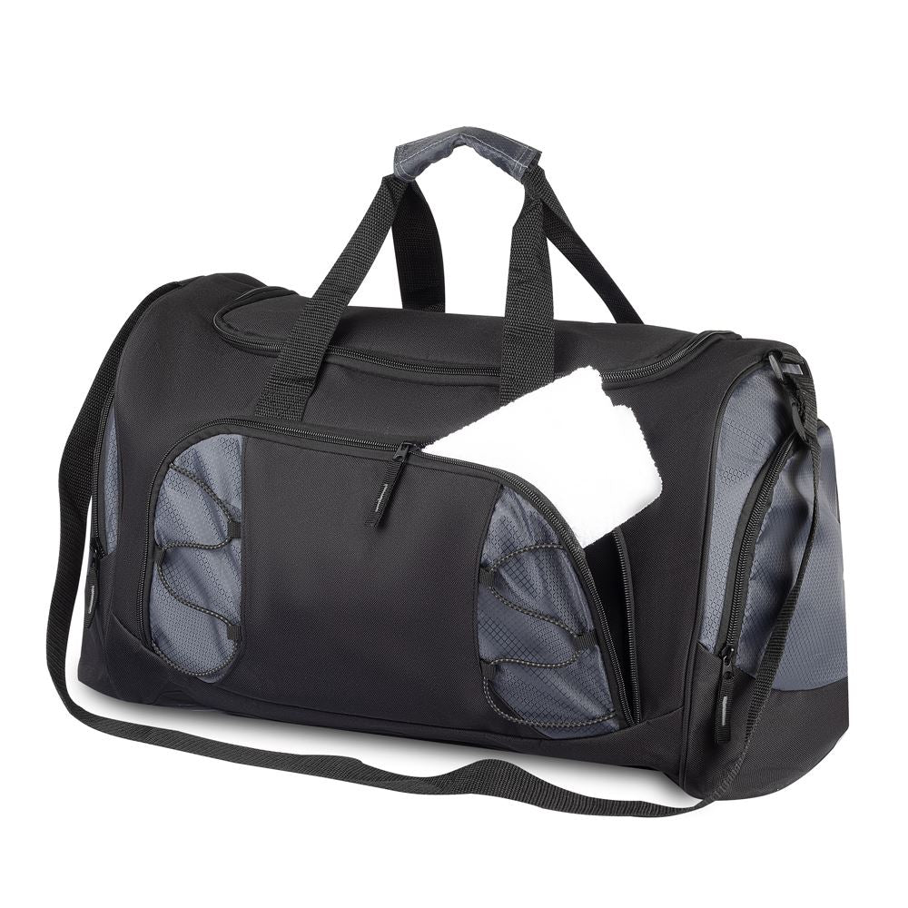 Bolsa de Atividades em poliéster, 65,5L, leve e resistente. Ideal para academia, treinos e viagens curtas. Compartimento para roupas sujas e bolsos laterais.