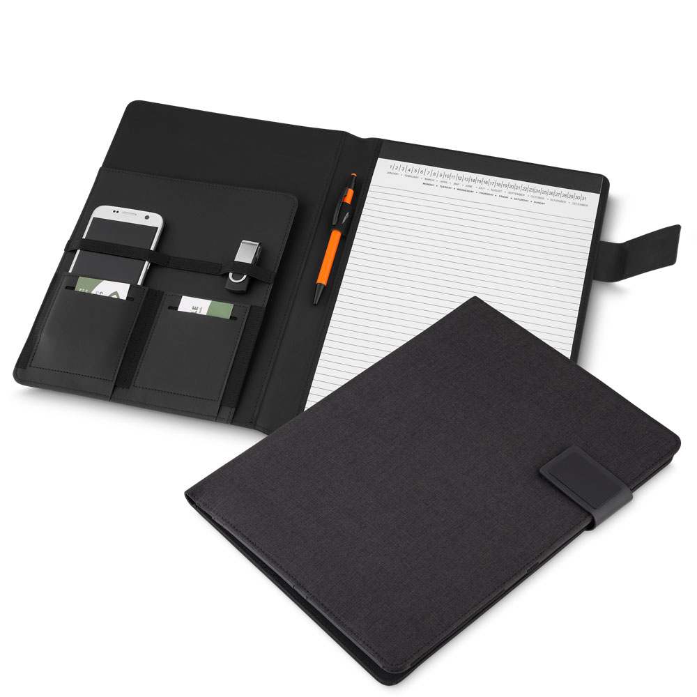 Pasta Executiva com bloco de anotações, suporte para celular e porta-cartões em material sintético elegante.