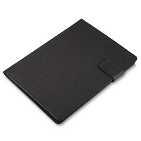 Pasta Executiva com bloco de anotações, suporte para celular e porta-cartões em material sintético elegante.