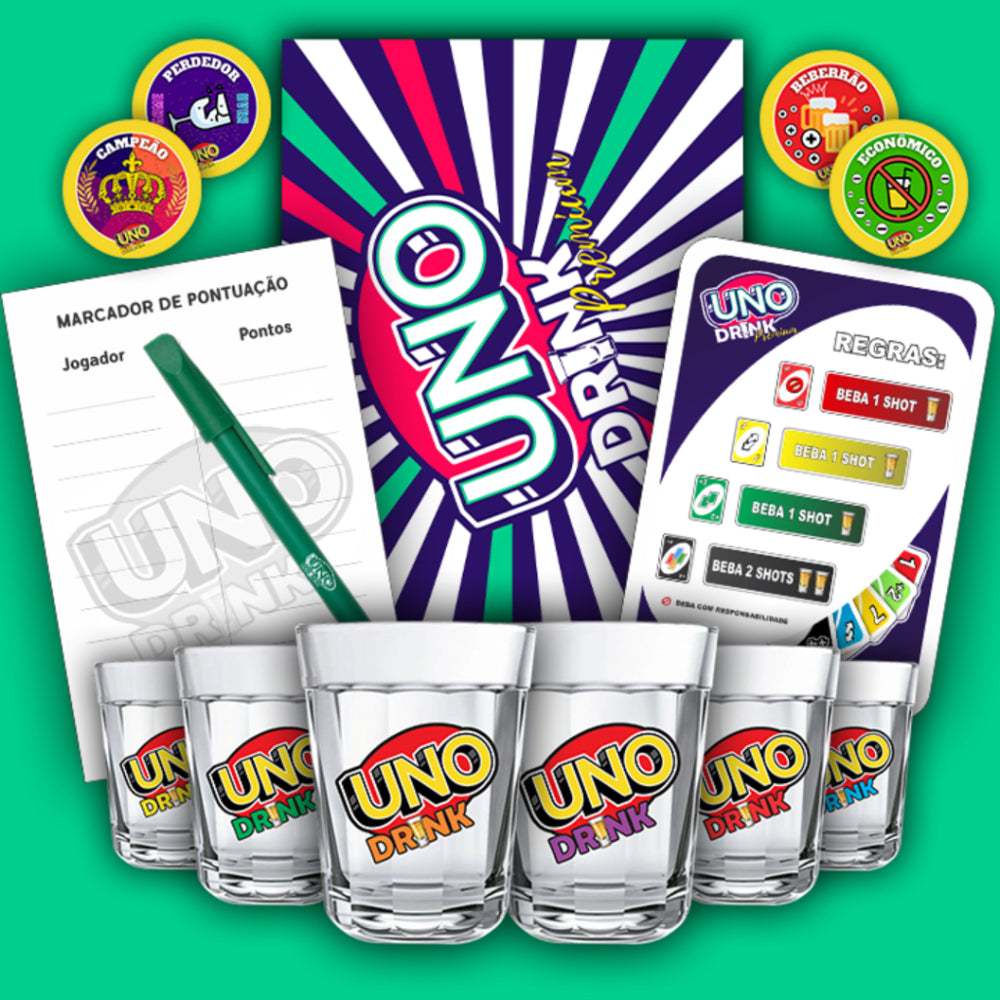 O UNO Drink é o jogo que vai transformar sua festa! Com cartas oficiais, copos de vidro e regras ousadas, a diversão está garantida. Entrega com frete grátis. Vem viver esse rolê!