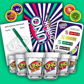 O UNO Drink é o jogo que vai transformar sua festa! Com cartas oficiais, copos de vidro e regras ousadas, a diversão está garantida. Entrega com frete grátis. Vem viver esse rolê!