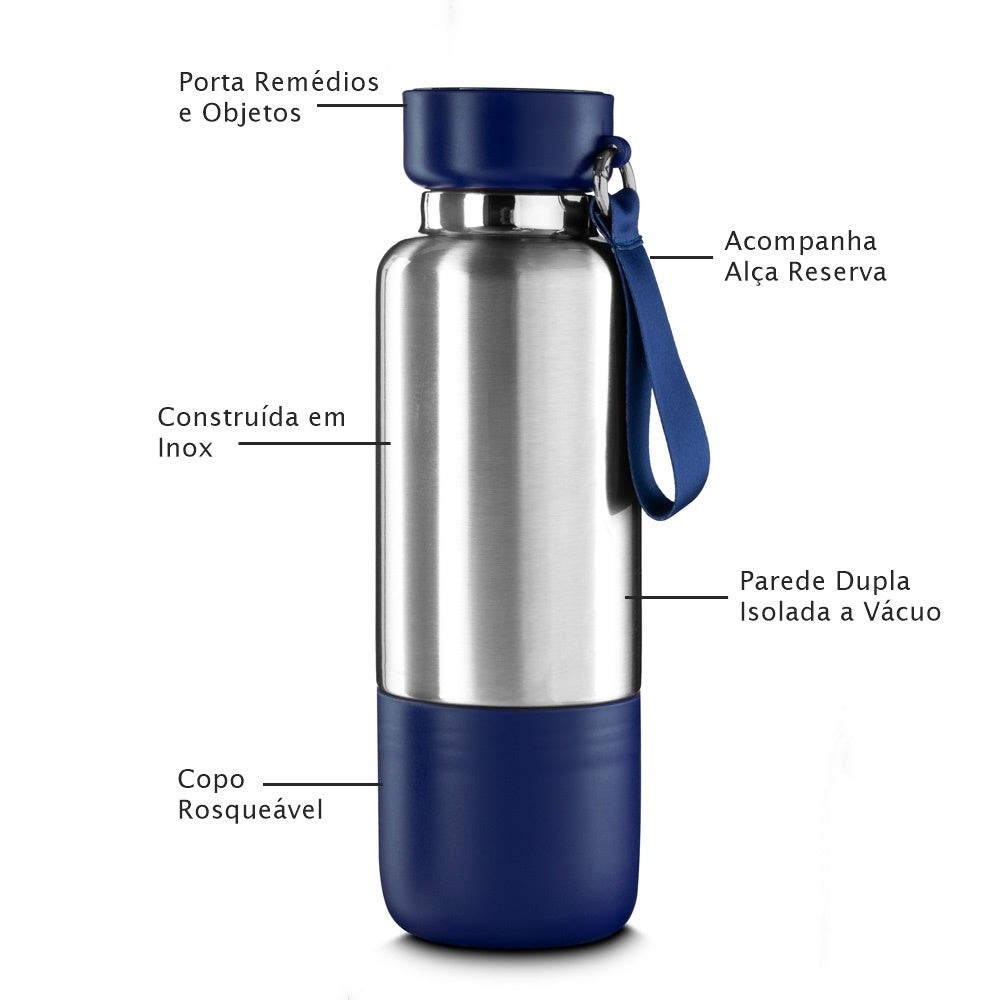 Garrafa térmica de 500ml em aço inox com copo extra rosqueável e compartimento para objetos