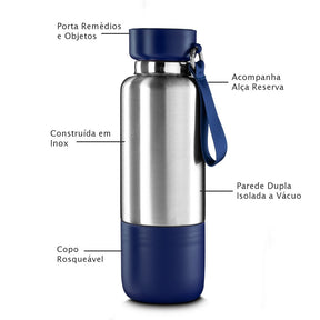 Garrafa térmica de 500ml em aço inox com copo extra rosqueável e compartimento para objetos