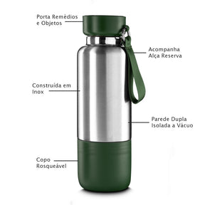 Garrafa térmica de 500ml em aço inox com copo extra rosqueável e compartimento para objetos