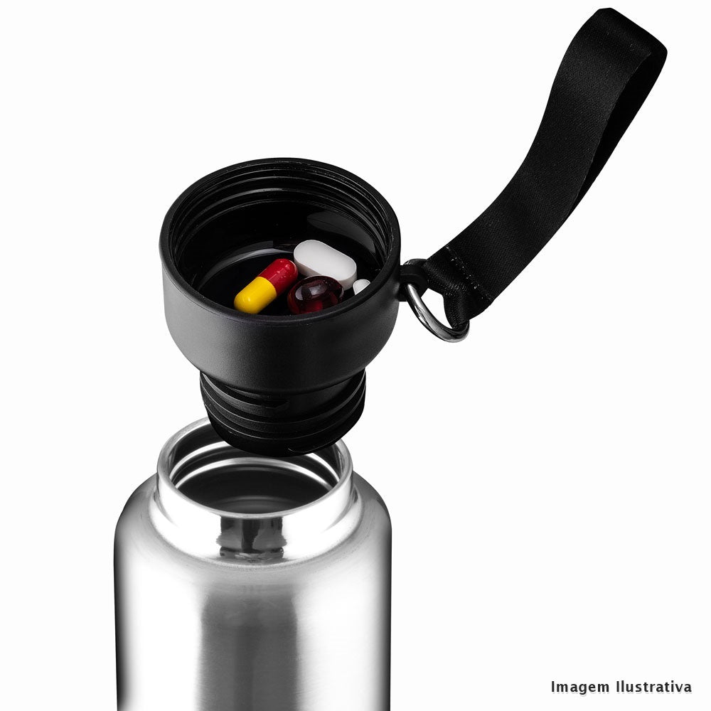 Garrafa térmica de 500ml em aço inox com copo extra rosqueável e compartimento para objetos