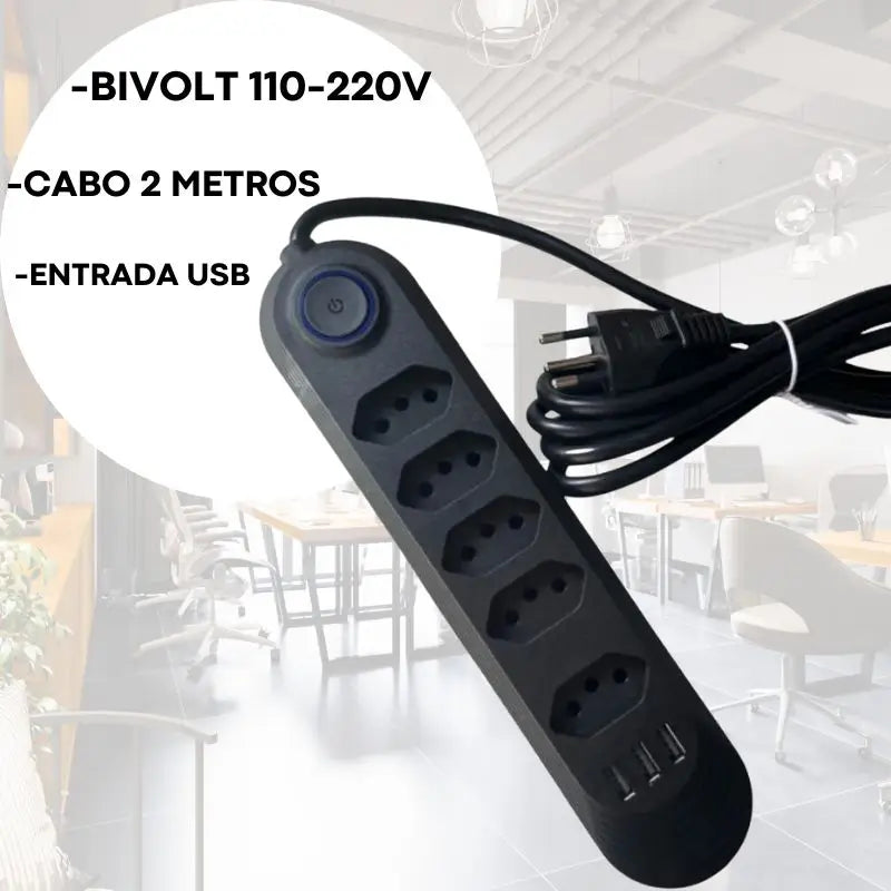 Extensão Régua Elétrica 2m - 4 Tomadas e 3 Portas USB