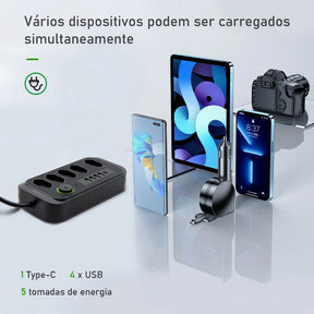 Extensão com 5 tomadas 4 USB 1 Type-C Universal Bivolt Power 110V/220V 2m - Mandatory
