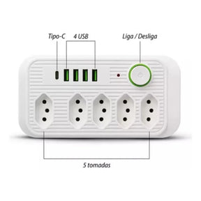 Extensão com 5 tomadas 4 USB 1 Type-C Universal Bivolt Power 110V/220V 2m - Mandatory