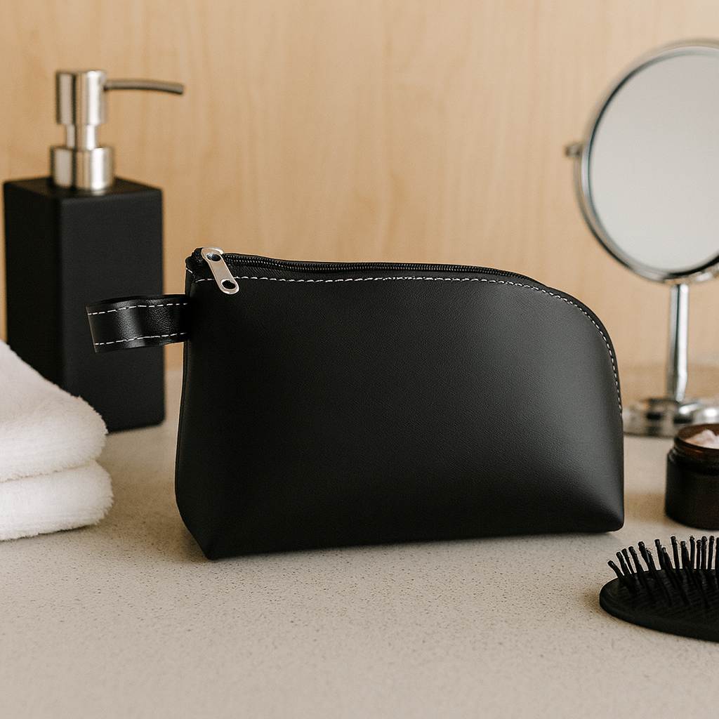 Necessaire em Couro Sintético Preto com Pegador Lateral