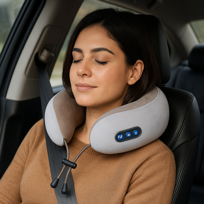 Almofada massageadora cervical vista frontal com botões iluminados
Mulher relaxando com o massageador no carro
Homem usando o massageador no avião em traje executivo
Close dos botões com indicação de funções
Detalhes do produto com embalagem e medidas técnicas  mandatory.com.br