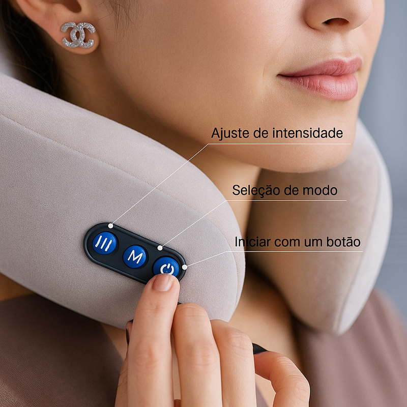 Almofada massageadora cervical vista frontal com botões iluminados
Mulher relaxando com o massageador no carro
Homem usando o massageador no avião em traje executivo
Close dos botões com indicação de funções
Detalhes do produto com embalagem e medidas técnicas  mandatory.com.br