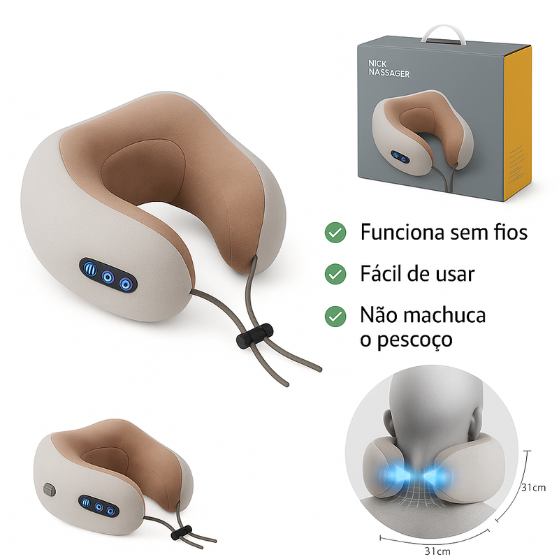 Almofada massageadora cervical vista frontal com botões iluminados
Mulher relaxando com o massageador no carro
Homem usando o massageador no avião em traje executivo
Close dos botões com indicação de funções
Detalhes do produto com embalagem e medidas técnicas  mandatory.com.br