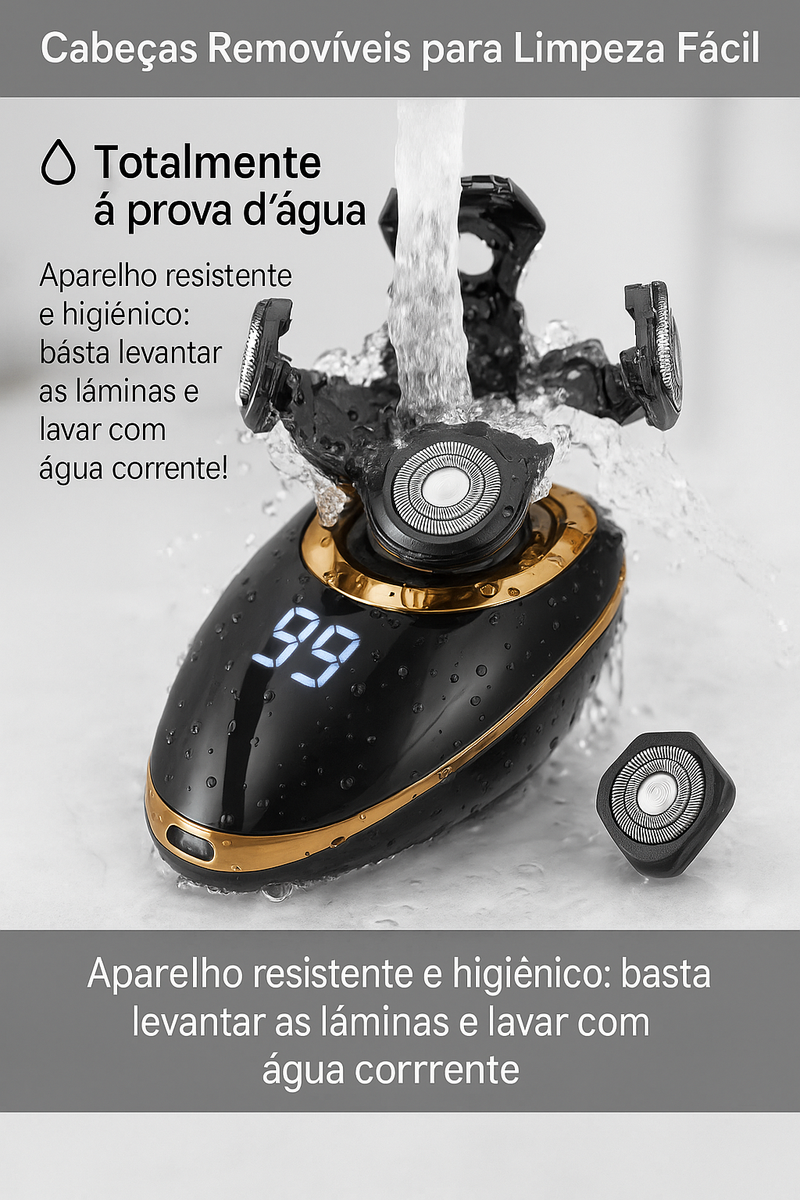 Barbeador elétrico lavável com design moderno

Kit completo com cabeças de aparador, escova e esponja facial

Aplicação do barbeador em barbear e cuidados pessoais

Uso do aparelho em barba, cabelo e nariz

Tela LCD digital e design ergonômico portátil

Acessórios completos para viagem e cuidados masculinos