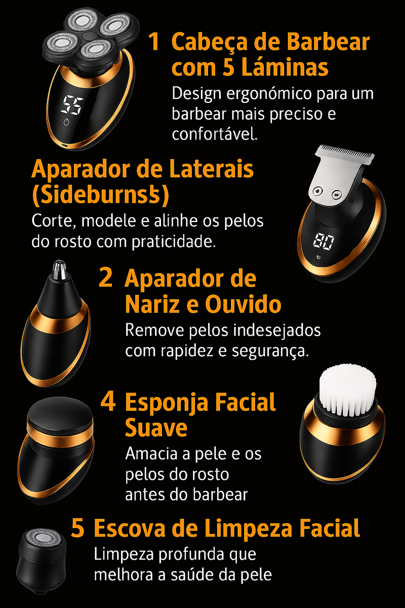 Barbeador elétrico lavável com design moderno

Kit completo com cabeças de aparador, escova e esponja facial

Aplicação do barbeador em barbear e cuidados pessoais

Uso do aparelho em barba, cabelo e nariz

Tela LCD digital e design ergonômico portátil

Acessórios completos para viagem e cuidados masculinos