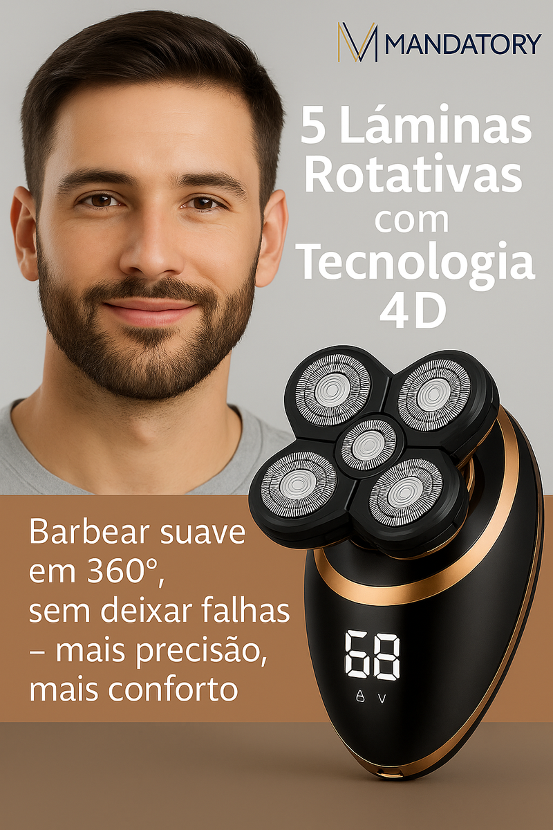 Barbeador elétrico lavável com design moderno

Kit completo com cabeças de aparador, escova e esponja facial

Aplicação do barbeador em barbear e cuidados pessoais

Uso do aparelho em barba, cabelo e nariz

Tela LCD digital e design ergonômico portátil

Acessórios completos para viagem e cuidados masculinos