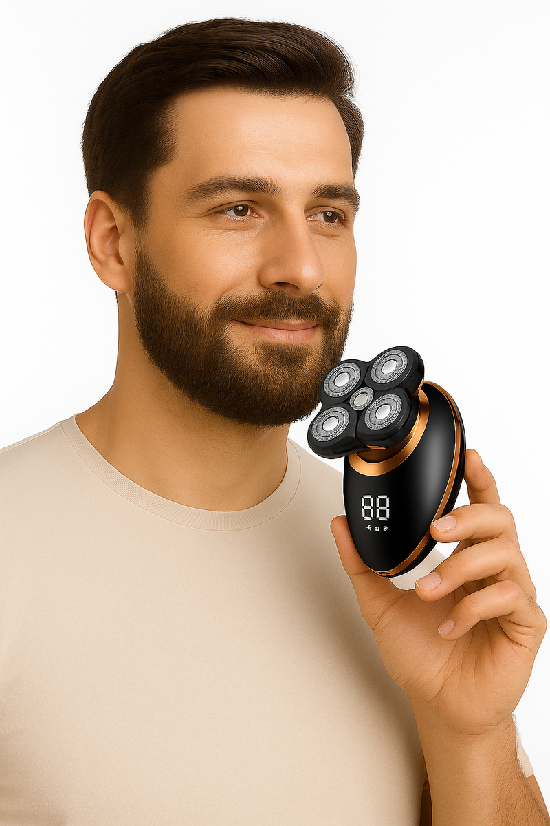 Barbeador elétrico lavável com design moderno

Kit completo com cabeças de aparador, escova e esponja facial

Aplicação do barbeador em barbear e cuidados pessoais

Uso do aparelho em barba, cabelo e nariz

Tela LCD digital e design ergonômico portátil

Acessórios completos para viagem e cuidados masculinos
