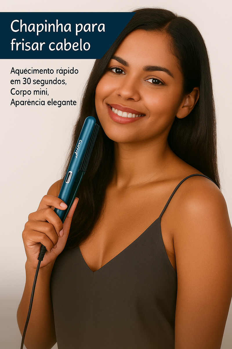 Leve praticidade e estilo na sua mala! A Mini Prancha para Viagem aquece em 30s, reduz o frizz e cuida dos fios com tecnologia cerâmica. Compacta, versátil e ideal para qualquer tipo de cabelo.