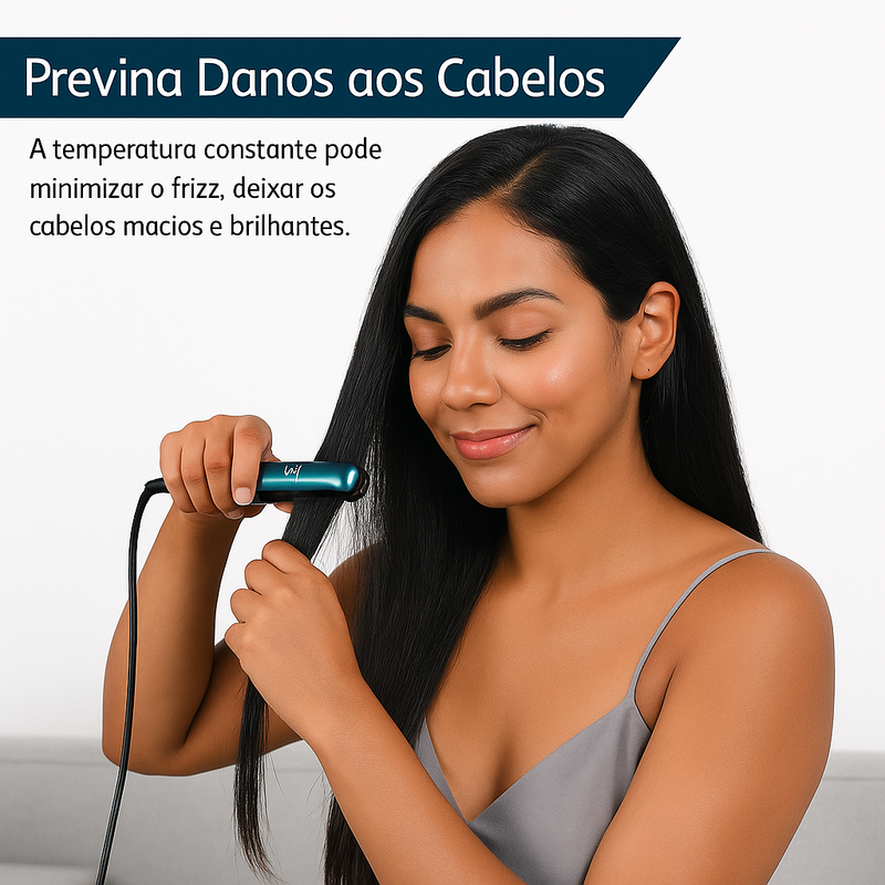 Leve praticidade e estilo na sua mala! A Mini Prancha para Viagem aquece em 30s, reduz o frizz e cuida dos fios com tecnologia cerâmica. Compacta, versátil e ideal para qualquer tipo de cabelo.
