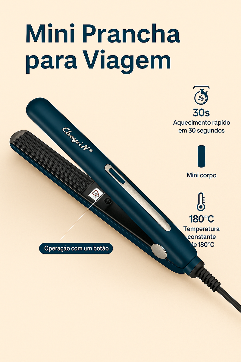 Leve praticidade e estilo na sua mala! A Mini Prancha para Viagem aquece em 30s, reduz o frizz e cuida dos fios com tecnologia cerâmica. Compacta, versátil e ideal para qualquer tipo de cabelo.