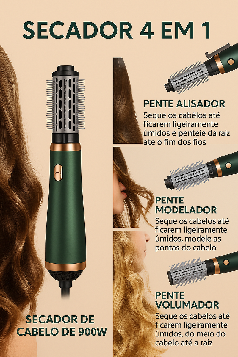 GlowBrush modelador de cabelos com ar quente 4 em 1
Secador de cabelo e escova multifuncional GlowBrush  mandatory.com.br