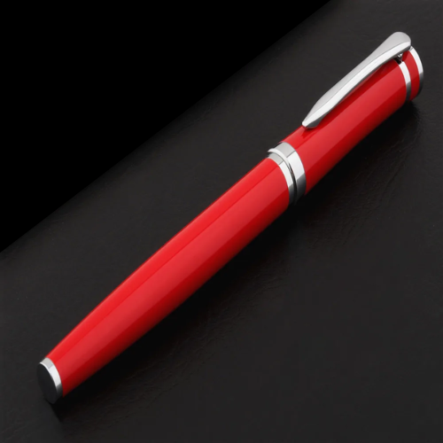 Caneta Rollerball executiva de Luxo com Ponta Média, ideal para negócios, escritório e presentes. Com design elegante em vermelho, preto e prata, proporciona escrita suave e precisa. mandatory.com.br