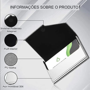 Porta-Cartão de Visitas com Fecho Magnético em Couro e Aço Inoxidável - Mandatory
