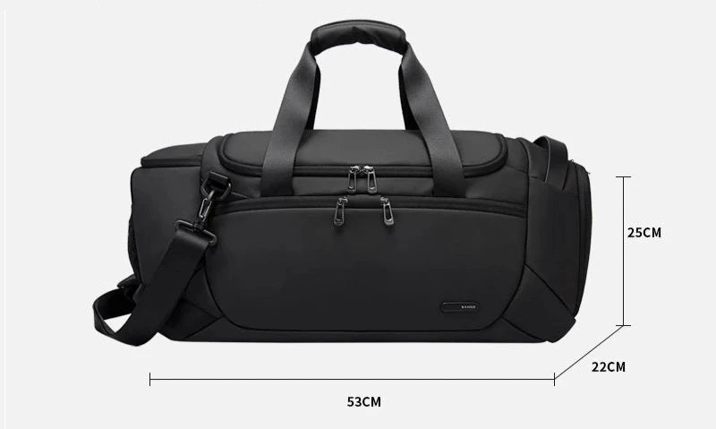 Bolsa Esportiva Masculina impermeável, com separação seco/molhado, ideal para viagens, cor preta, design moderno e resistente. mandatory.com.br