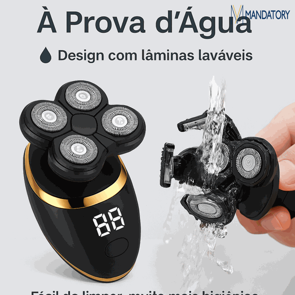 Barbeador elétrico lavável com design moderno

Kit completo com cabeças de aparador, escova e esponja facial

Aplicação do barbeador em barbear e cuidados pessoais

Uso do aparelho em barba, cabelo e nariz

Tela LCD digital e design ergonômico portátil

Acessórios completos para viagem e cuidados masculinos