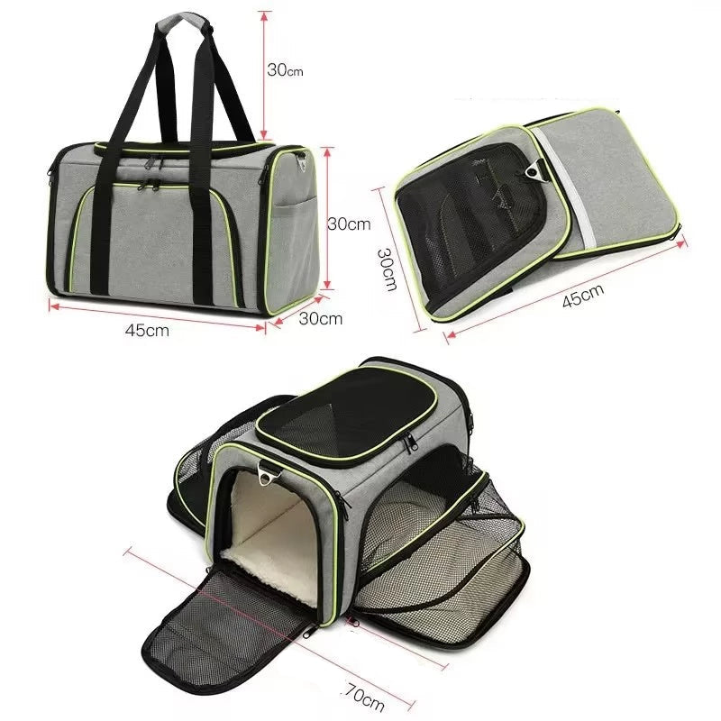 Bolsa de transporte para pets expansível, com tecido resistente, ventilação lateral e tapete interno macio. Ideal para cães e gatos, aprovada para cabine de avião.