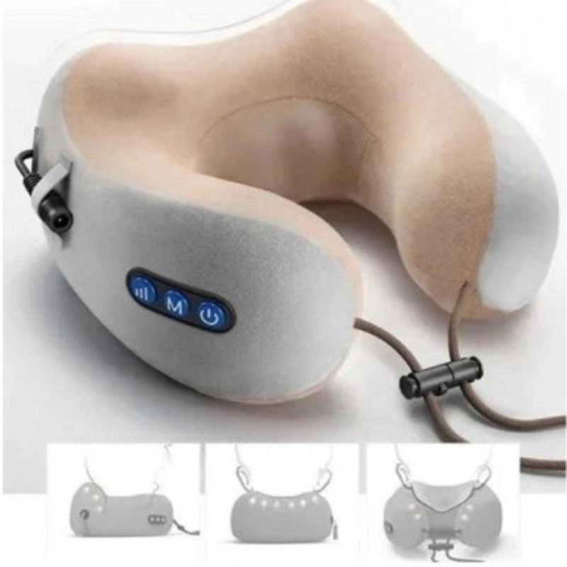 Almofada massageadora cervical vista frontal com botões iluminados
Mulher relaxando com o massageador no carro
Homem usando o massageador no avião em traje executivo
Close dos botões com indicação de funções
Detalhes do produto com embalagem e medidas técnicas  mandatory.com.br