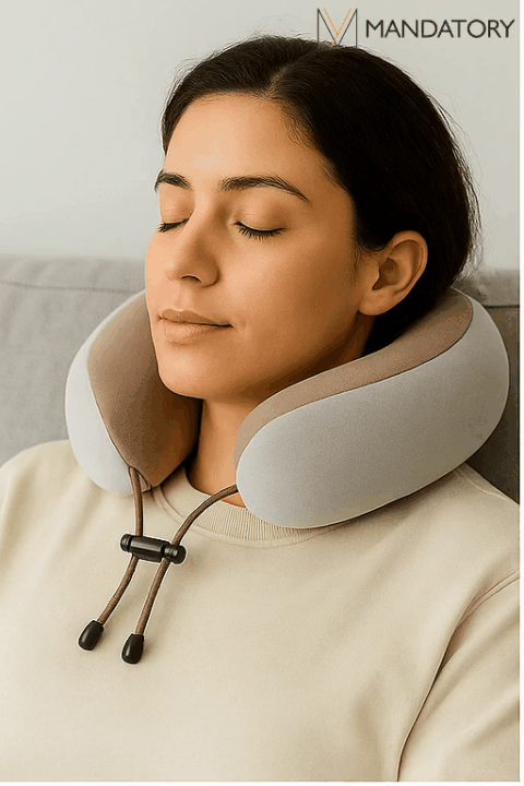 Almofada massageadora cervical vista frontal com botões iluminados
Mulher relaxando com o massageador no carro
Homem usando o massageador no avião em traje executivo
Close dos botões com indicação de funções
Detalhes do produto com embalagem e medidas técnicas  mandatory.com.br