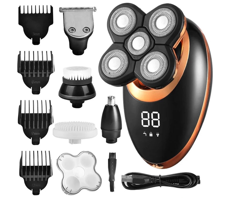 Barbeador elétrico lavável com design moderno

Kit completo com cabeças de aparador, escova e esponja facial

Aplicação do barbeador em barbear e cuidados pessoais

Uso do aparelho em barba, cabelo e nariz

Tela LCD digital e design ergonômico portátil

Acessórios completos para viagem e cuidados masculinos