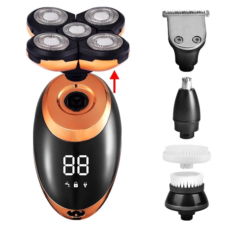 Barbeador elétrico lavável com design moderno

Kit completo com cabeças de aparador, escova e esponja facial

Aplicação do barbeador em barbear e cuidados pessoais

Uso do aparelho em barba, cabelo e nariz

Tela LCD digital e design ergonômico portátil

Acessórios completos para viagem e cuidados masculinos
